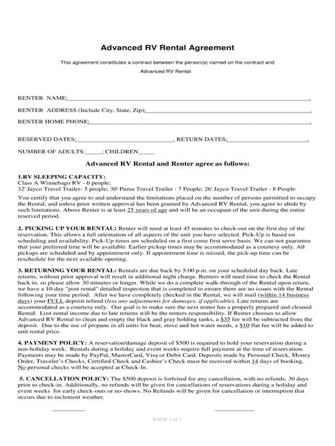 Printable Rv Rental Agreement Template